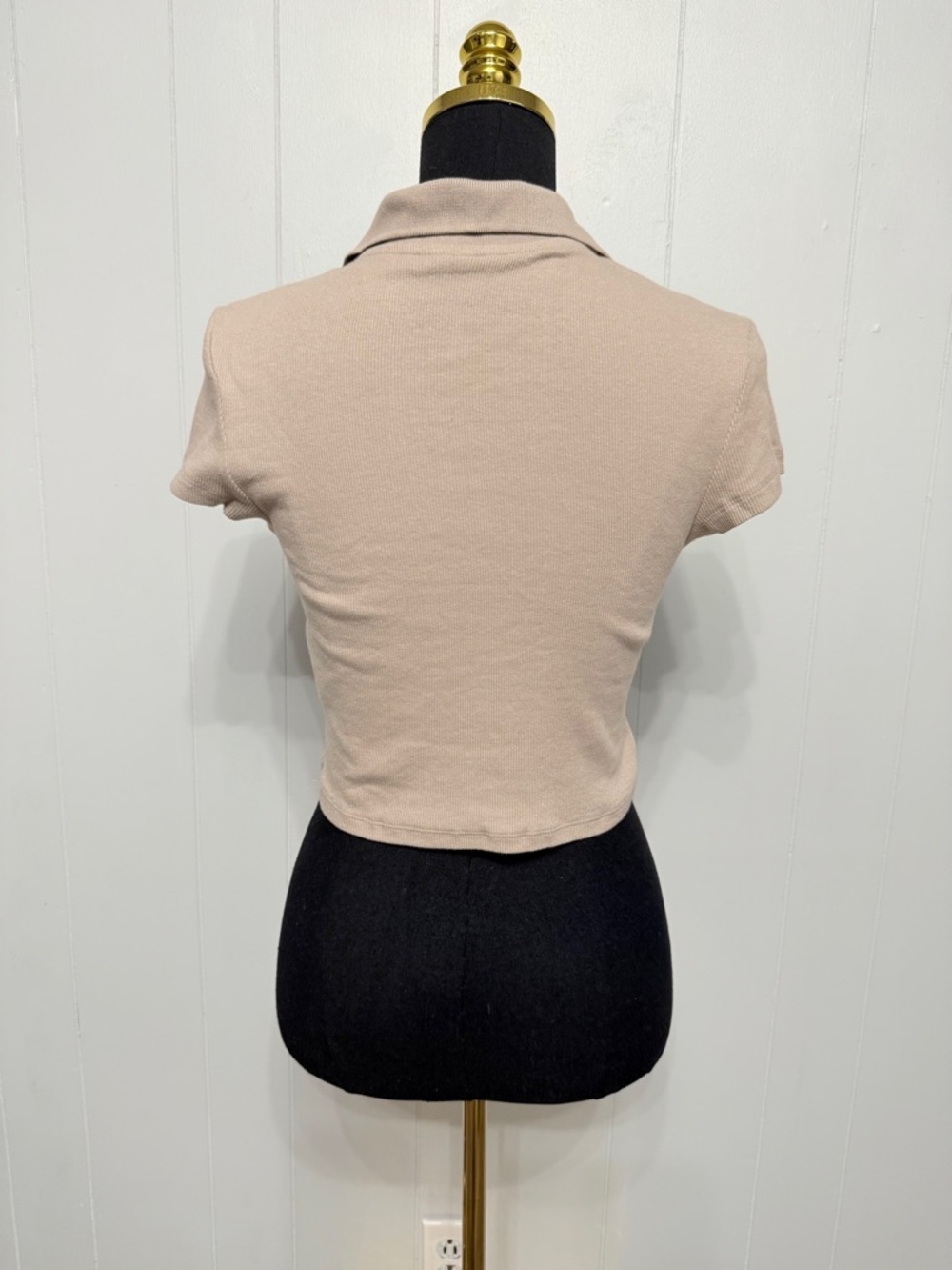 #16)  Divided Light Beige Ribbed Cropped Polo - Picture 2 of 4